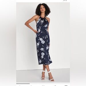 Stunning Chic Navy Blue Floral Print Halter Midi Dress